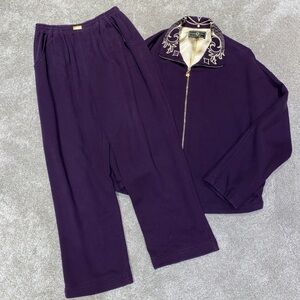 St John Sport Embroidered Track Suit Eggplant Gold Size L Made In USA